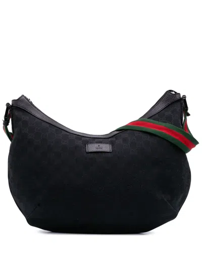 Pre-owned Gucci 2016-2025 Medium Gg Canvas Web Half Moon Crossbody Bag In Black