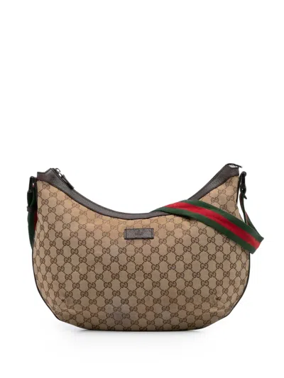 Pre-owned Gucci 2016-2025 Medium Gg Canvas Web Half Moon Crossbody Bag In Brown