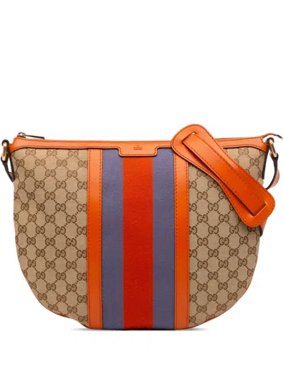 Pre-owned Gucci 2016-2025 Medium Gg Canvas Web Half Moon Crossbody Bag In Brown