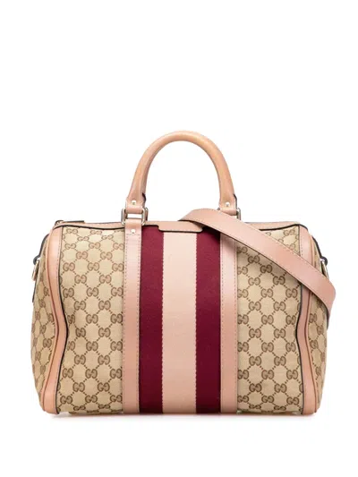 Pre-owned Gucci 2016-2025 Medium Gg Canvas Web Joy Boston Bag Satchel In Brown