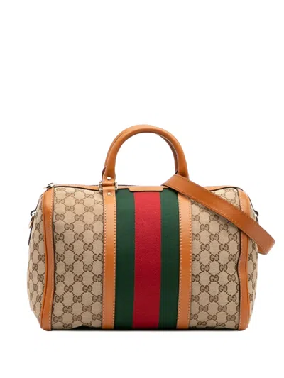 Pre-owned Gucci 2016-2025 Medium Gg Canvas Web Joy Boston Bag Satchel In Brown