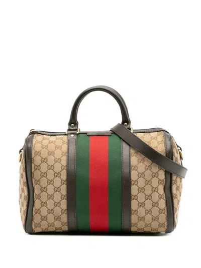 Pre-owned Gucci 2016-2025 Medium Gg Canvas Web Joy Boston Bag Satchel In Brown