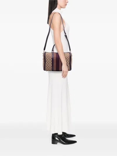 Pre-owned Gucci 2016-2025 Medium Gg Canvas Web Joy Boston Bag Satchel In Brown