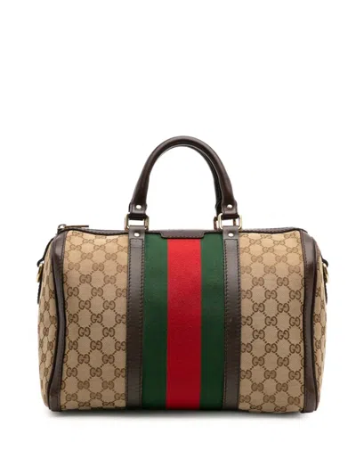 Pre-owned Gucci 2016-2025 Medium Gg Canvas Web Joy Boston Bag Satchel In Brown