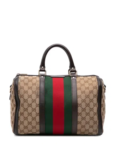 Pre-owned Gucci 2016-2025 Medium Gg Canvas Web Joy Boston Bag Satchel In Brown