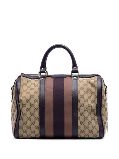 Pre-owned Gucci 2016-2025 Medium Gg Canvas Web Joy Boston Bag Satchel In Brown