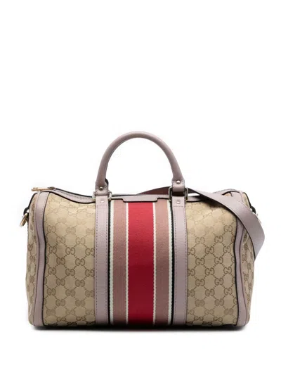 Pre-owned Gucci 2016-2025 Medium Gg Canvas Web Joy Boston Bag Satchel In Brown