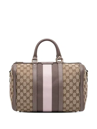 Pre-owned Gucci 2016-2025 Medium Gg Canvas Web Joy Boston Bag Satchel In Brown