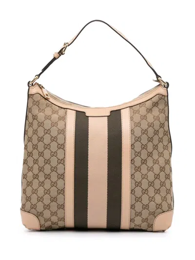 Pre-owned Gucci 2016-2025 Medium Gg Canvas Web Shoulder Bag In Brown