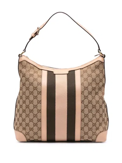 Pre-owned Gucci 2016-2025 Medium Gg Canvas Web Shoulder Bag In Brown