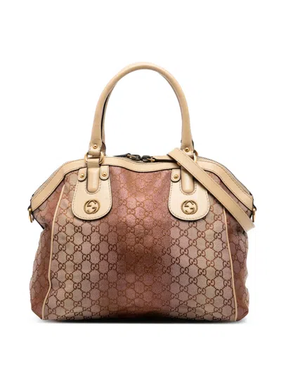 Pre-owned Gucci 2016-2025 Medium Gg Lurex Scarlett Satchel In Brown