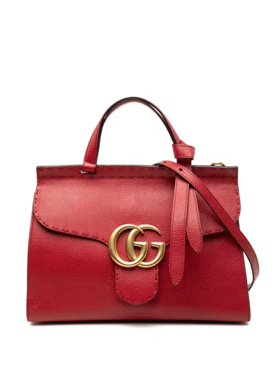 Pre-owned Gucci 2016-2025 Medium Gg Marmont Grained Leather Top Handle Satchel In Red