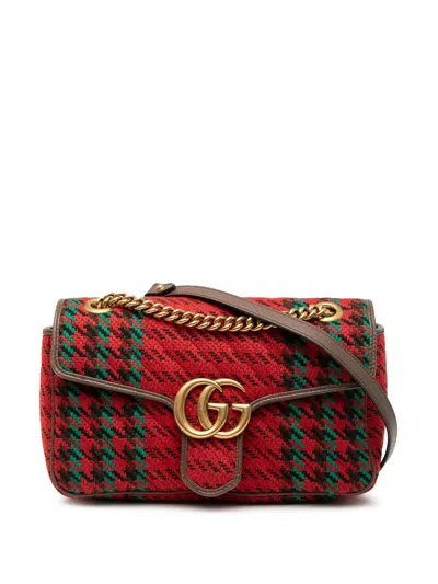 Pre-owned Gucci 2016-2025 Medium Gg Marmont Houndstooth Tweed Shoulder Bag In Multi