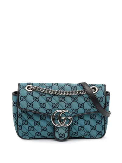 Pre-owned Gucci 2016-2025 Medium Gg Marmont Matelasse Diagonal Canvas Shoulder Bag In Blue