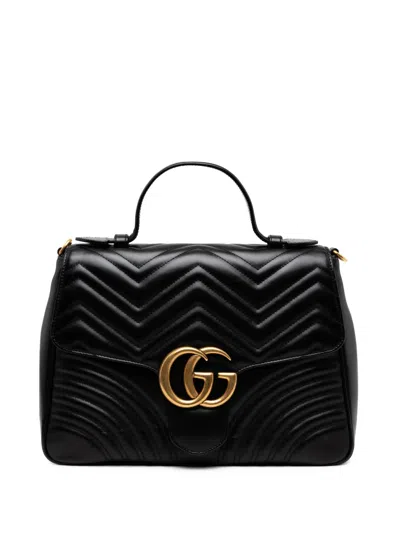 Pre-owned Gucci 2016-2025 Medium Gg Marmont Matelasse Leather Top Handle Satchel In Black