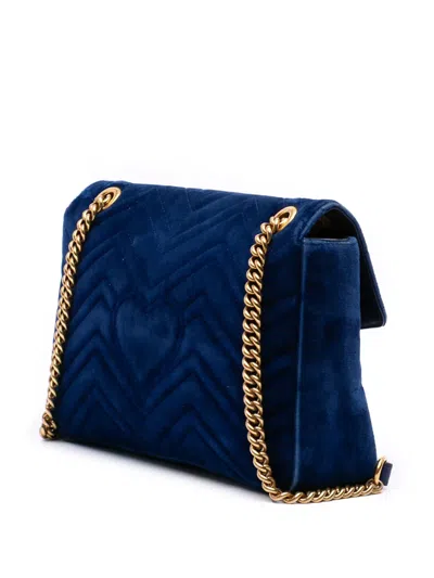 Pre-owned Gucci 2016-2025 Medium Gg Marmont Matelasse Velvet Flap Crossbody Bag In Blue