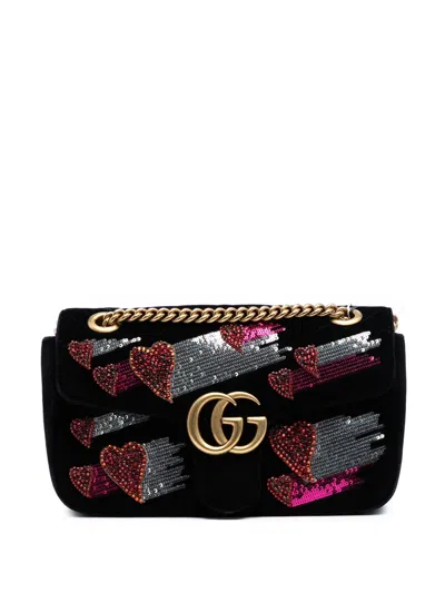 Pre-owned Gucci 2016-2025 Medium Gg Marmont Matelasse Velvet Sequin Embellished Shoulder Bag In Black
