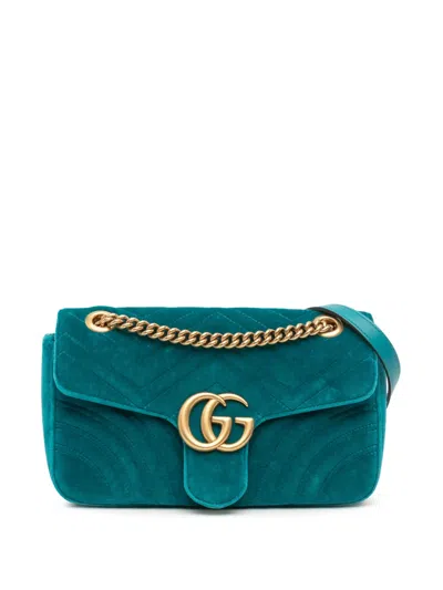 Pre-owned Gucci 2016-2025 Medium Gg Marmont Matelasse Velvet Shoulder Bag In Blue