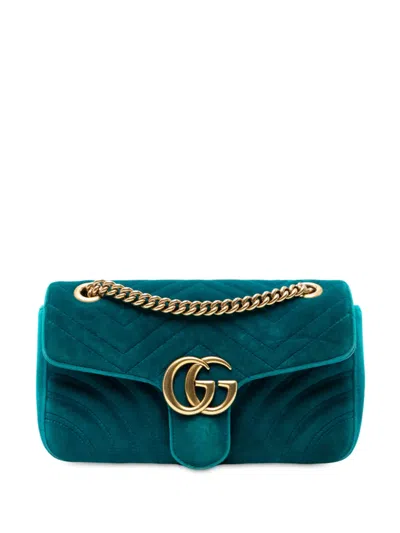Pre-owned Gucci 2016-2025 Medium Gg Marmont Matelasse Velvet Shoulder Bag In Blue
