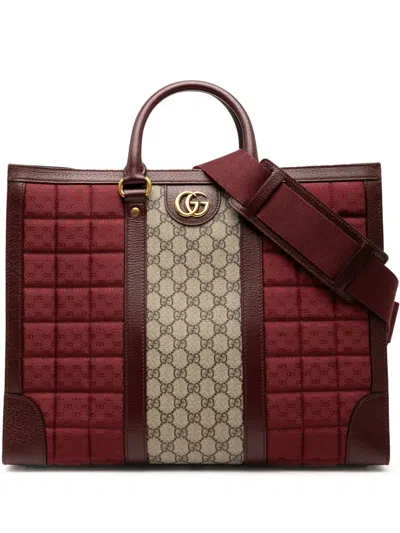 Pre-owned Gucci 2016-2025 Medium Gg Supreme And Quilted Mini Gg Canvas Double G Tote Satchel In Red