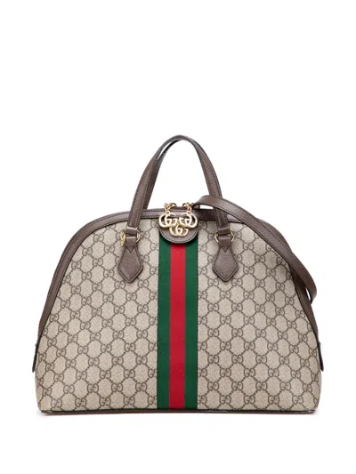 Pre-owned Gucci 2016-2025 Medium Gg Supreme Ophidia Web Satchel In Brown