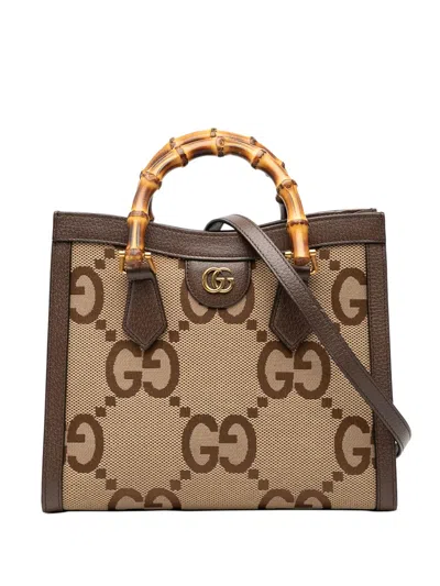 Pre-owned Gucci 2016-2025 Medium Jumbo Gg Canvas Bamboo Diana Satchel In Brown