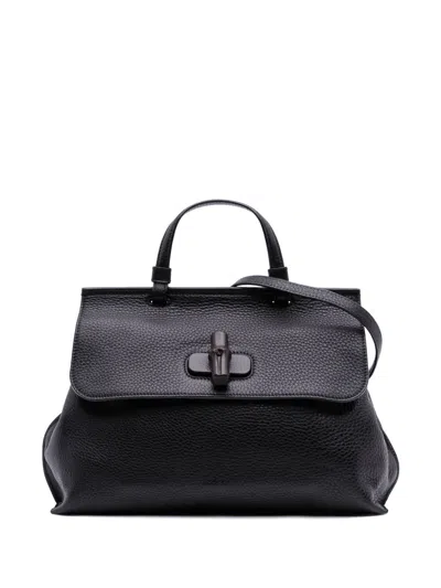 Pre-owned Gucci 2016-2025 Medium Leather Bamboo Daily Satchel In Black