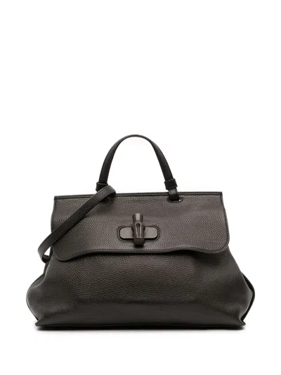 Pre-owned Gucci 2016-2025 Medium Leather Bamboo Daily Satchel In Black