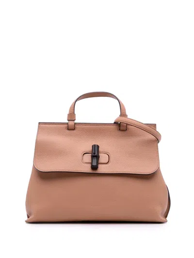 Pre-owned Gucci 2016-2025 Medium Leather Bamboo Daily Satchel In Brown