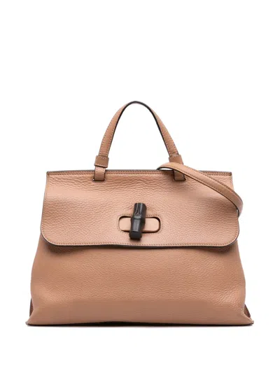 Pre-owned Gucci 2016-2025 Medium Leather Bamboo Daily Satchel In Brown