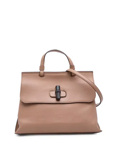 Pre-owned Gucci 2016-2025 Medium Leather Bamboo Daily Satchel In Brown