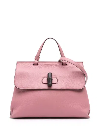 Pre-owned Gucci 2016-2025 Medium Leather Bamboo Daily Satchel In Pink