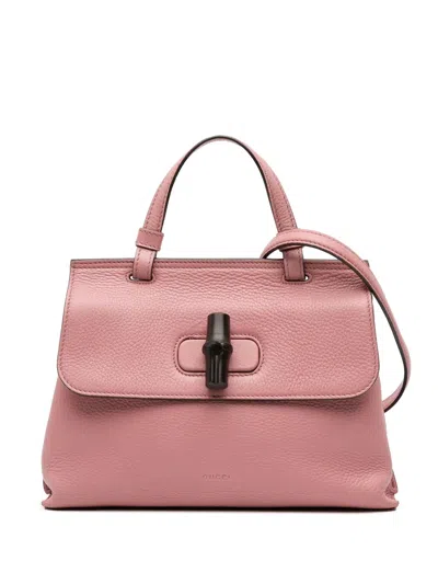 Pre-owned Gucci 2016-2025 Medium Leather Bamboo Daily Satchel In Pink