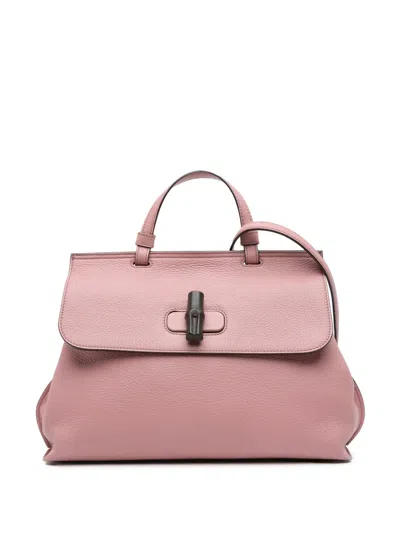 Pre-owned Gucci 2016-2025 Medium Leather Bamboo Daily Satchel In Pink