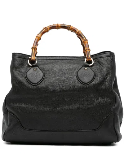 Pre-owned Gucci 2016-2025 Medium Leather Bamboo Diana Tote Bag In Black