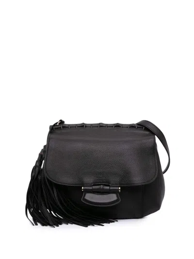 Pre-owned Gucci 2016-2025 Medium Leather Bamboo Nouveau Fringe Crossbody Bag In Black