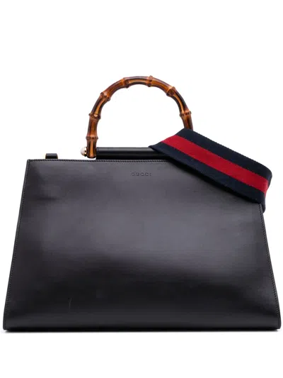 Pre-owned Gucci 2016-2025 Medium Leather Bamboo Nymphaea Satchel In Black