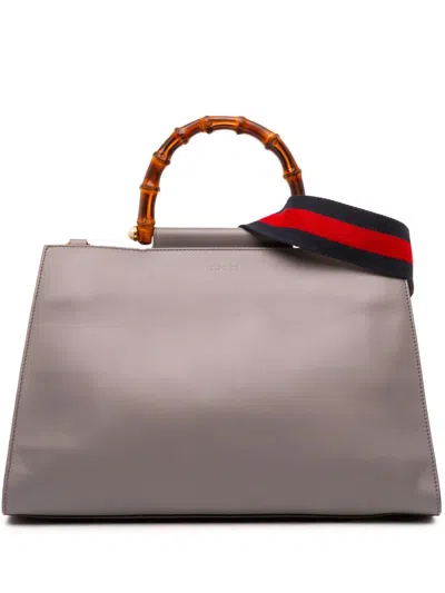 Pre-owned Gucci 2016-2025 Medium Leather Bamboo Nymphaea Satchel In Gray
