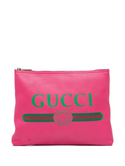 Pre-owned Gucci 2016-2025 Medium Leather Logo Portfolio Clutch Bag In Pink