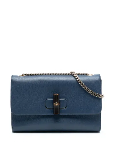 Pre-owned Gucci 2016-2025 Medium Leather Miss Bamboo Crossbody Bag In Blue