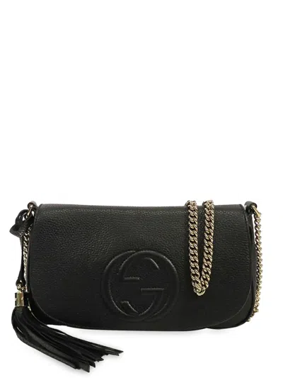 Pre-owned Gucci 2016-2025 Medium Leather Soho Chain Flap Crossbody Bag In Black