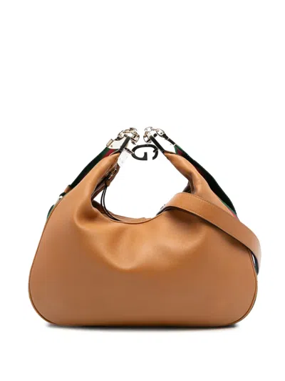 Pre-owned Gucci 2016-2025 Medium Leather Web Attache Crossbody Bag In Brown