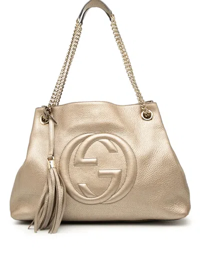 Pre-owned Gucci 2016-2025 Medium Metallic Leather Soho Chain Tote Bag In Gold
