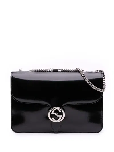Pre-owned Gucci 2016-2025 Medium Patent Dollar Interlocking G Crossbody Bag In Black