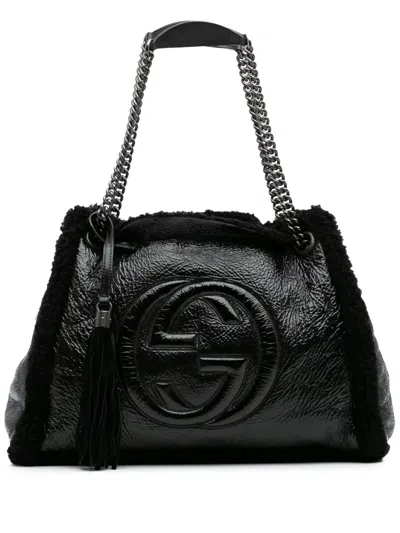 Pre-owned Gucci 2016-2025 Medium Patent Shearling Soho Chain Tote Bag In Black