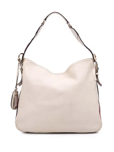 Pre-owned Gucci 2016-2025 Medium Pebbled Calfskin Web Heritage Shoulder Bag In White