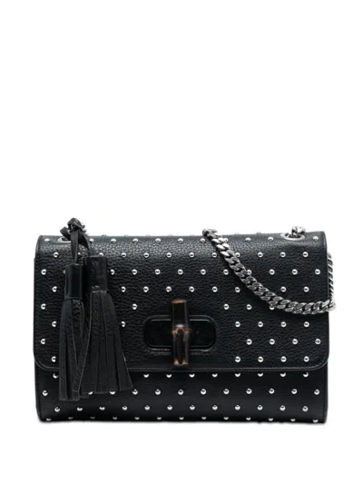 Pre-owned Gucci 2016-2025 Medium Studded Leather Miss Bamboo Crossbody Bag In Black