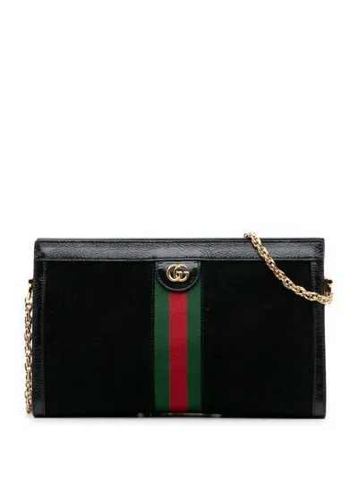 Pre-owned Gucci 2016-2025 Medium Suede Ophidia Web Chain Shoulder Bag In Black