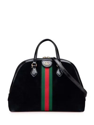Pre-owned Gucci 2016-2025 Medium Suede Ophidia Web Dome Satchel In Black