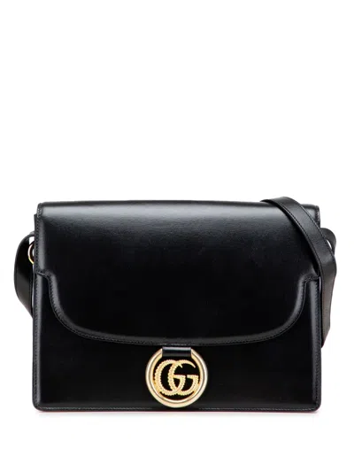 Pre-owned Gucci 2016-2025 Medium Textured Calfskin Gg Torchon Ring Crossbody Bag In Black